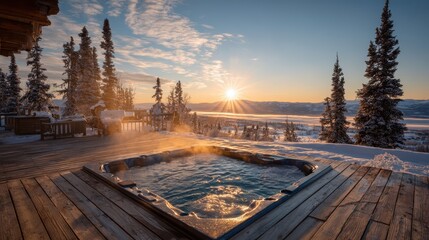 Hot tub on a deck in snowy mountains, with a bright, warm sunset. Image for winter vacations, luxury retreats, and relaxation concepts.