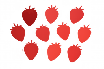 Strawberry fruit silhouettes in repeating pattern, red food icons on transparent background