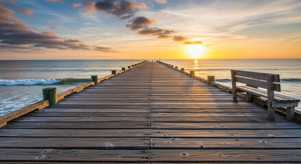 Long wooden pier stretching into the sea at sunset, with a bench for contemplation, creating a serene and inviting scene of coastal beauty