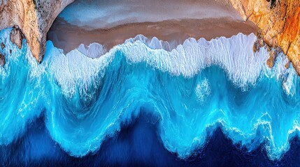 Aerial View of Vibrant Blue Ocean Waves Crashing Onto Sandy Beach with Rocky Cliffs