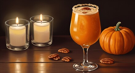Festive fall still life with a pumpkin cocktail, pecans, and glowing candles for autumn warmth.