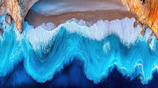 Aerial View of Vibrant Blue Ocean Waves Crashing Onto Sandy Beach with Rocky Cliffs