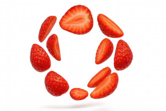 Fresh strawberries and sliced strawberry fruits arranged in a circular frame, forming a border on transparent background - Powered by Adobe