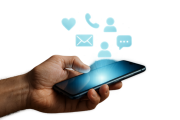 hand holding smartphone with social media icons