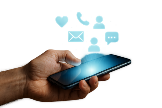 hand holding smartphone with social media icons