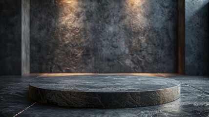 Empty circular stone podium illuminated by spotlights in a dark, textured industrial room for product display.
