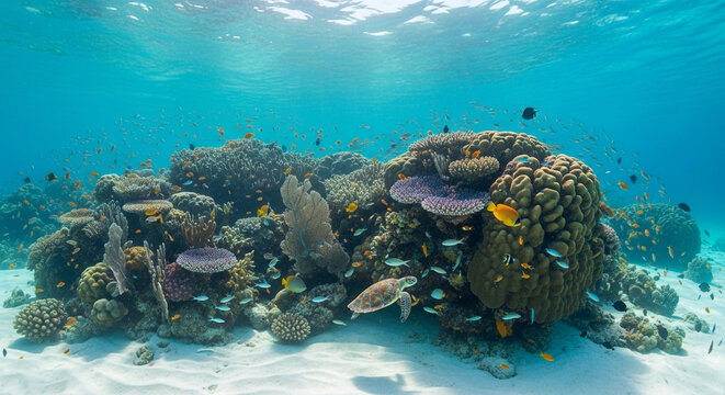 Vibrant coral garden a thriving underwater ecosystem with colorful corals, diverse marine life, and a sea turtle gracefully swimming in clear blue waters