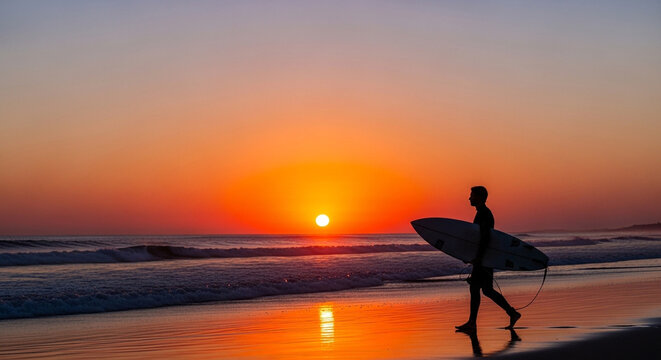 A surfer walks along the beach at sunset, carrying a surfboard, with the sun setting over the ocean, creating a silhouette against the colorful sky - Powered by Adobe