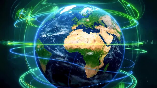 Digital globe with looping neon lines, highlighting landmasses against a dark, abstract background