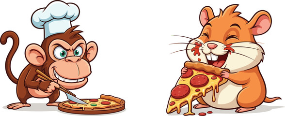 Cartoon monkey slicing vegetable pizza, hamster eating cheesy pepperoni slice, funny animal illustration, food theme, children’s artwork, playful design © MDALRAFIN