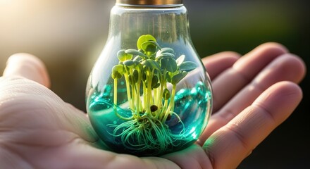 Seedlings Sprouting in Lightbulb Held in Hand - Symbol of Growth and Sustainability.