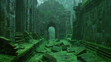 Ancient Stone Temple Ruins Covered in Green Moss in Dense Forest