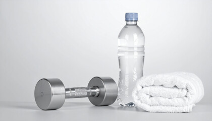 A couple of dumbbells, water bottle and white towel isolated against the gray background