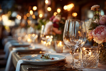 Elegant table set up for a romantic dinner. Concept of catering, hospitality and private dining. Selective focus on the glassware.