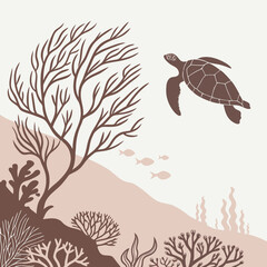 Underwater scene with sea turtle swimming near coral reef and small fishes