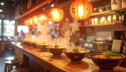 raditional ramen bar interior with red lanterns and wooden counter.