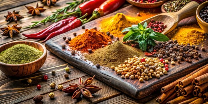 Aromatic spice blend scattered on a wooden cutting board, with various spices and herbs like cumin