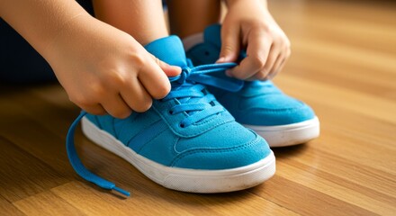A young child carefully ties the laces on pair of vibrant blue athletic shoes, getting ready for some fun activity wooden floor.