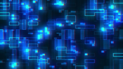 Dark technology background of glowing blue geometric rectangles moving