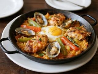 Paella A rice dish originally from Valencia, often made with saffron, vegetables, and a mix of seafood, chicken