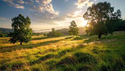 Obraz premium Golden Sunset Over Rolling Hills with Meadow and Scattered Trees in Warm Sunlight