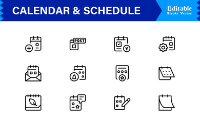 Calendar and Schedule Line Icon Set Featuring Modern Minimal Schedule Symbols and Time Management Elements for Clean and Unique Vector Designs