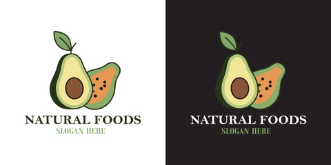 Fresh avocado and papaya logo design for healthy food brand identity, perfect for natural products, vegan restaurants, and organic food stores, showcasing vibrant produce