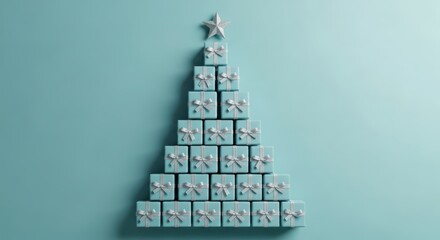 A christmas tree shape formed by small light blue gift boxes with white ribbons, arranged on a solid teal background, symbolizing holiday gifting