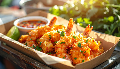 Thai street food scene with salted fried shrimp in a paper tray, chilli dipping sauce, and fresh herbs.
