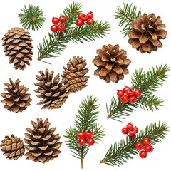 Fototapeta premium Collection of pine cones and evergreen branches with red berries festive winter holiday arrangement isolated on transparent background