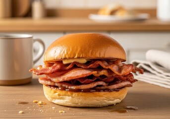 Crispy stacked bacon breakfast sandwich on brioche bun — gourmet morning brunch