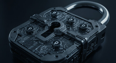 Advanced digital padlock featuring intricate circuit board design, symbolizing robust cybersecurity and secure data protection in a technological era with secure authentication