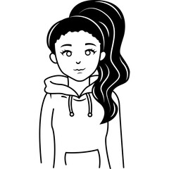 Line Art Portrait of a Young Teen Girl with High Ponytail Wearing a Hoodie with Transparent Background Simple Black and White Sketch