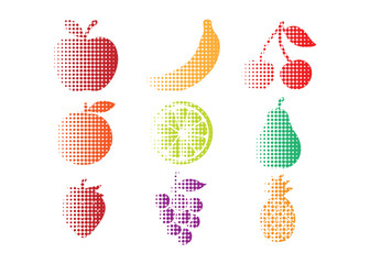 Vibrant halftone fruit medley creating a modern summer vibe for healthy eating promotions and colorful designs, perfect for food blogs and creative projects
