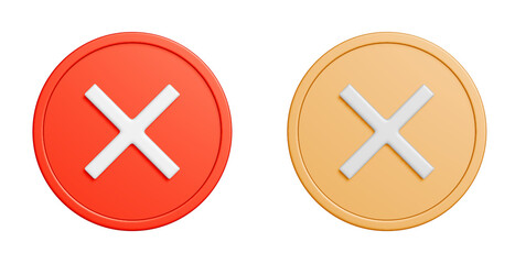 Fototapeta premium 丸いバツ印の3Dアイコンセット。赤と黄色のシンプルな禁止マークのUIイラスト