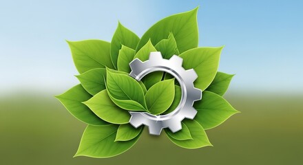 Eco-Innovation - A Gleaming Metal Gear Blossoming from Vibrant Green Leaves.