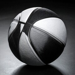 A black and white basketball, with textured surface on a dark surface