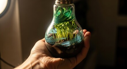 Hand holding a repurposed lightbulb terrarium with vibrant green sprouts and blue water, bathed in warm sunlight.