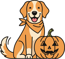  A happy, cartoon-style golden-brown dog wearing an orange bandana, sitting proudly next to a smiling carved jack-o'-lantern, both looking forward.