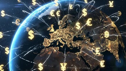 Cinematic visualization of global finance network with glowing currency symbols over Europe in space view - Powered by Adobe