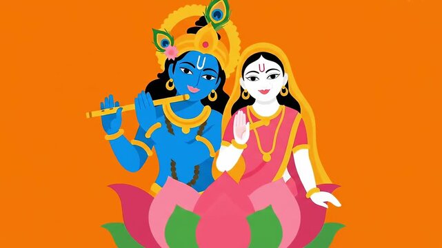 Vibrant Digital Illustration Depicting Lord Krishna Playing Flute with Radha on Lotus for Janmashtami Radhashtami Lathmar Holi Jhulan Yatra Raas Leela Sharad Purnima Govardhan Puja