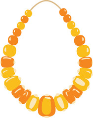 A necklace made from yellow and orange corn kernels, strung together in an ovular shape.