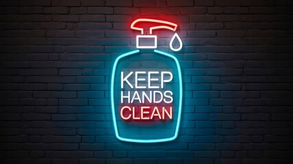 Fototapeta premium Keep hands clean neon sign glowing with blue and red lights on dark wall 