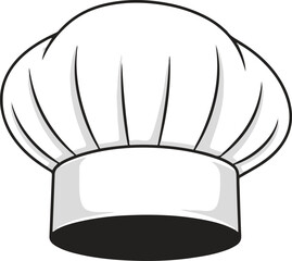 A classic vector illustration of a traditional white chef's hat (toque blanche) with a black band, featuring soft pleats and a rounded top, rendered in a clean, cartoonish style suitable for culinary 