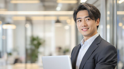 ノートパソコンを持つ笑顔の爽やかなビジネスマン