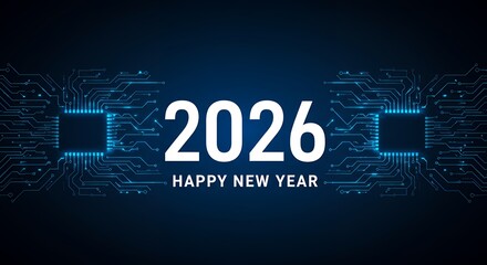 Happy New Year 2026 Background with blue technology theme