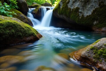 Fototapeta premium Serene Mountain Spring Oasis A crystal clear mountain spring, water gently bubbling over smooth, worn river stones. Lush, emerald green moss carpets the surrounding rocks and damp earth. Delicate