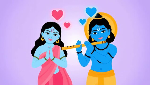 Divine Love and Harmony Illustrated Depiction of Radha and Krishna with Flute, Celebrating Hindu Culture for Janmashtami Radhashtami Lathmar Holi Jhulan Yatra Raas Leela Sharad Purnima Govardhan Puja