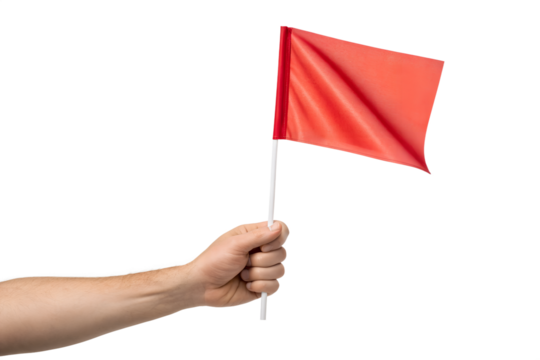 Hand holding a small red flag on a white pole isolated on transparent background - Powered by Adobe