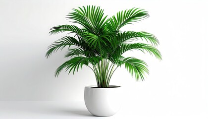 Obraz premium Green Palm Plant in White Pot Against a White Wall in Bright Indoor Lighting
